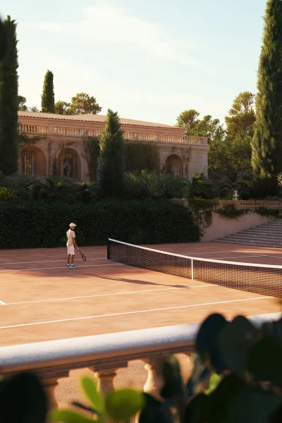 Luxurious Villa’s Private Tennis Court at Sunset