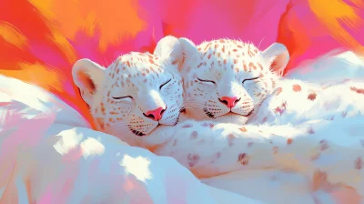 Cute White Leopard Couple Sleeping on Cozy Bed