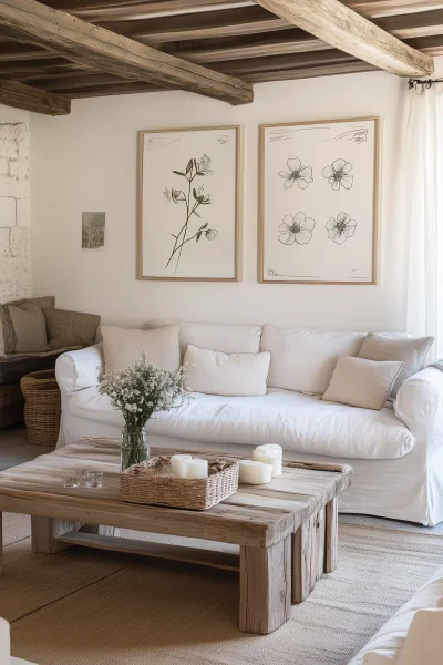 Rustic Living Room Decor with Sketch Flowers Artwork