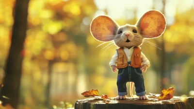 Mouse in Denim Outfit in Autumn Forest