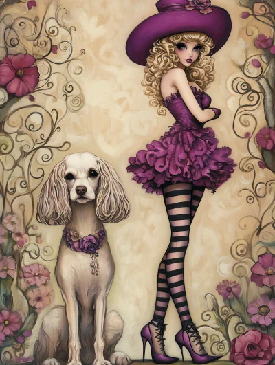 Whimsical Poodle and Elegant Ladies Illustration