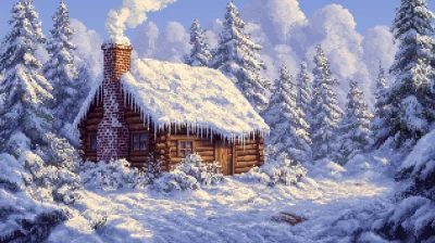 Snow-covered Log Cabin