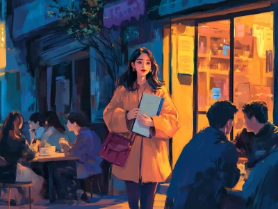 Lively Korean Woman Entering Late Night Establishment