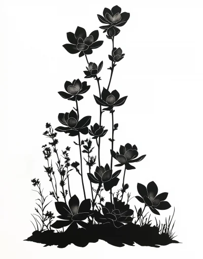 Silhouette of Crawling Succulents with Large Blossoms