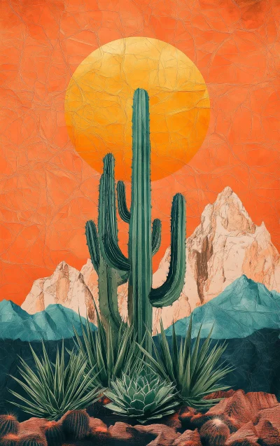 80s Retro Poster with Cactuses and Plants