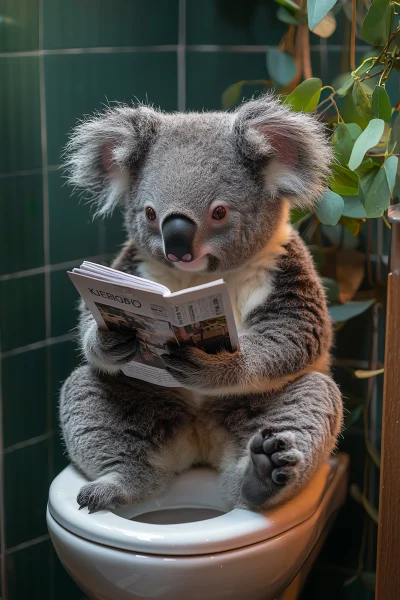 Koala reading magazine on modern toilet