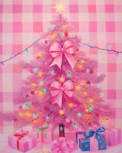 Preppy Pink Christmas Tree Painting