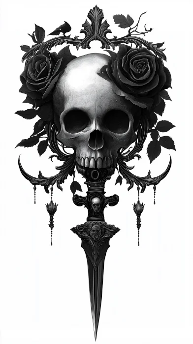 Illustration of a rose piercing a skull