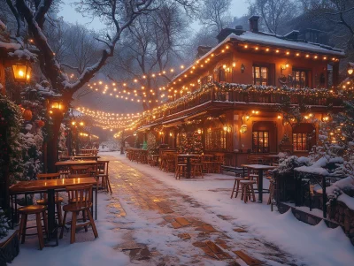 Nighttime Outdoor Pub with String Lights and Christmas Trees