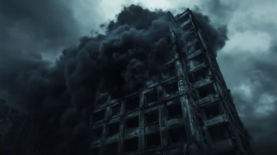 Abandoned High-rise Building with Black Smoke