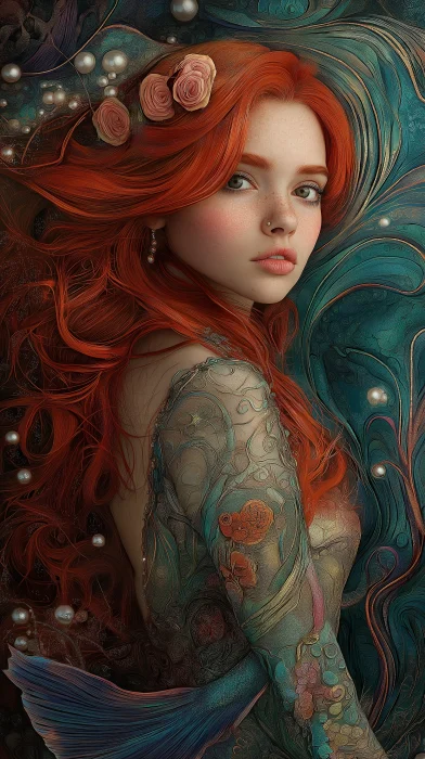 Ethereal Art Nouveau Mermaid and Red Haired Woman