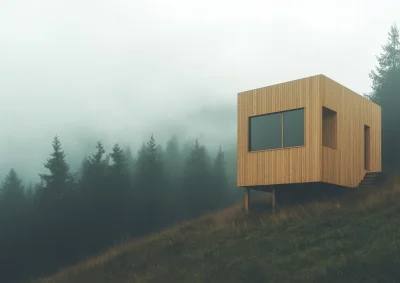 Mystical Wooden Cube House in Pine Forest