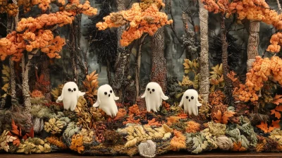 Autumn Forest Embroidery with Whimsical Ghosts