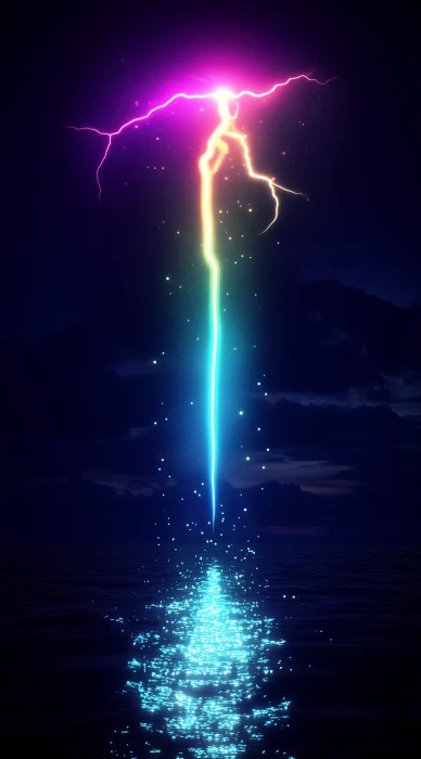 Rainbow Lightning over Sparkling Night Sea