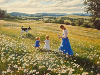 Woman and Child with Dog in a Flower Field