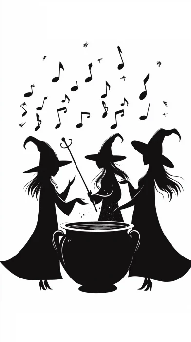 Three Witches Stirring Cauldron with Musical Notes