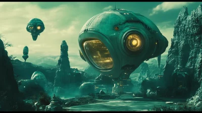 Futuristic Robot Exploring Surreal Alien Planets