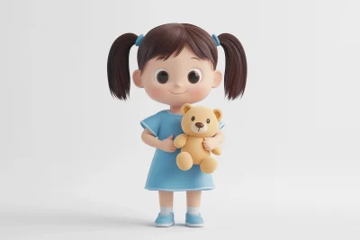 Playful 3D Animated Girl Character with Teddy Bear