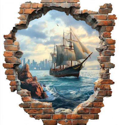 Pirate Ship at Sea Through Brick Wall