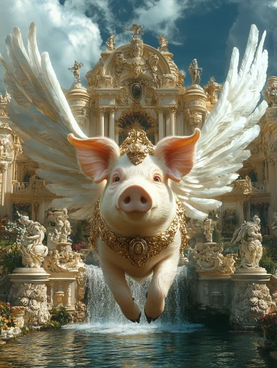 Vivid Colored Pig with Wings in Baroque Palace