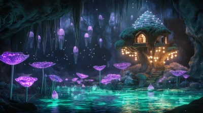 Enchanting Glowing Treehouse in Emerald Cave