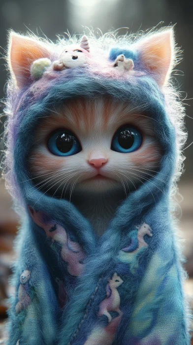 Fluffy Kitten with Wearable Blanket and Hat 3D Rendering