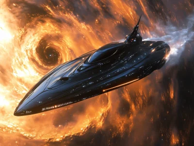 Sleek Space Yacht Surfs Black Hole