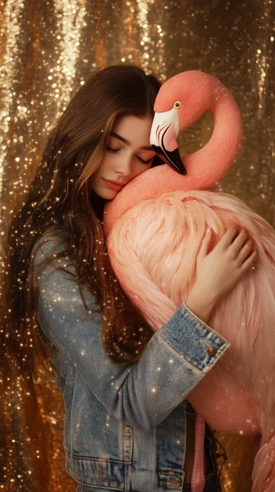 Woman hugging a pink flamingo in Wes Anderson style