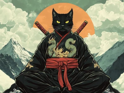 Ninja Cat Meditating on Mountain