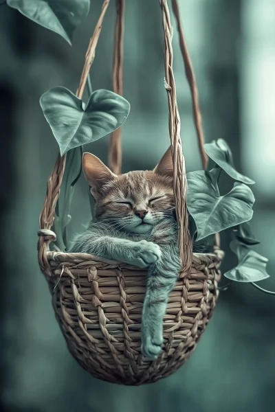 Cat Sleeping in Flower Pot Basket