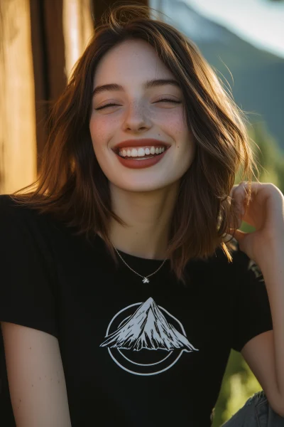 Smiling Female Model in Mountain Logo T-shirt