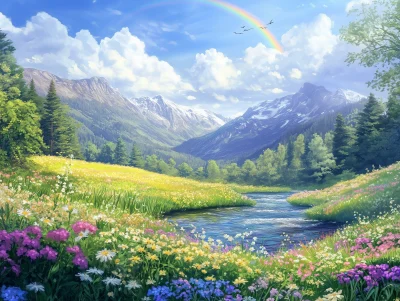 Rainbow over Mountain Stream Illustration