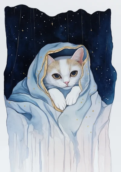 Cute Sick Cat Watercolor Illustration