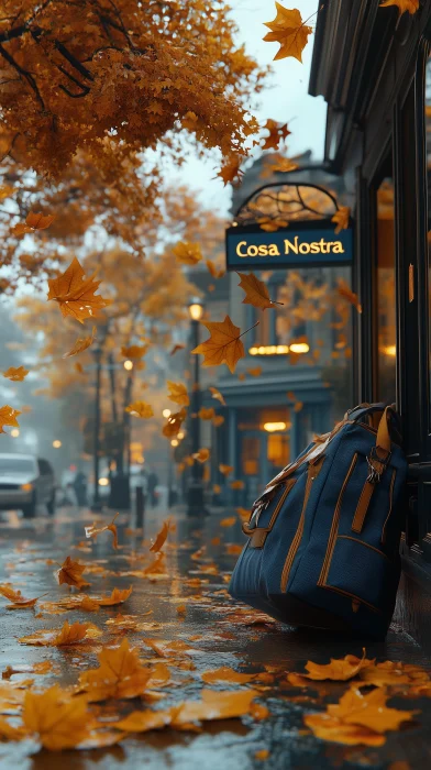 Levitating School Bags and Fall Leaves Above School Building