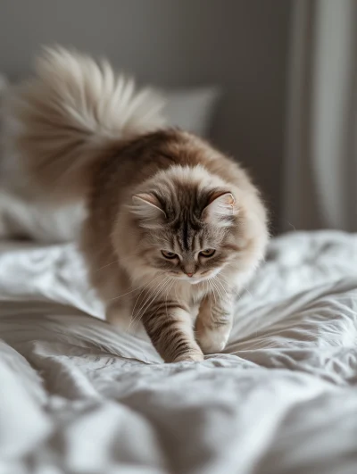 Chubby Munchkin Cat Jumping on Bed