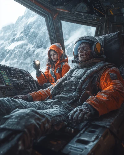 Frozen Pilot in Futuristic Spaceship Cockpit