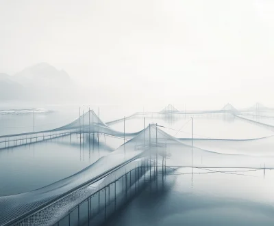 Futuristic Fish Farms in Dense Sea near Norway