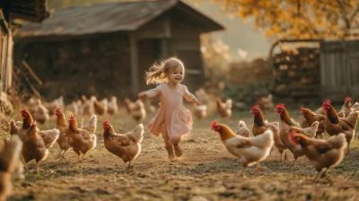 Playful girl with chickens on a farm