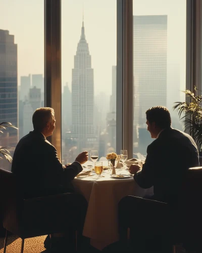 Businessmen Having Dinner on Top of a Building