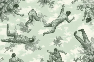 Vintage Toile Wallpaper with Falling Men Illustration