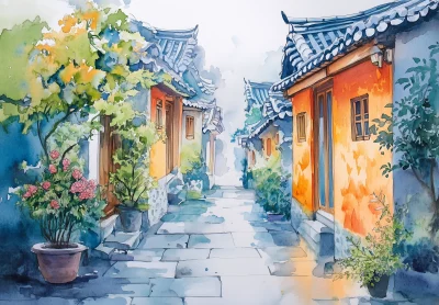 Watercolor painting of an old Korean street in spring rain