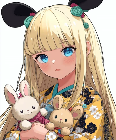 Anime-inspired illustration of a girl in kimono with teddy bear