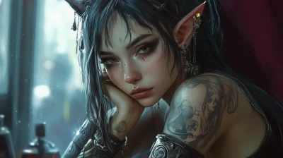 Gothic Elf Girl Hacker with Tattoos