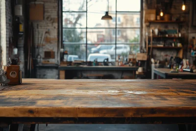 Empty Table Display with Garage Background