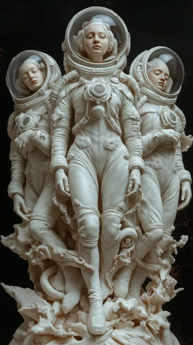 Baroque Marble Sculpture of Female Models in Spacesuits