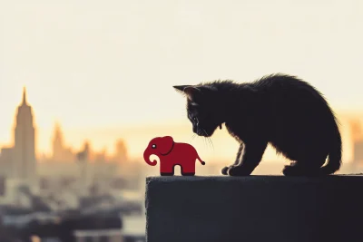 Cat pushing elephant figurine off ledge into abyss