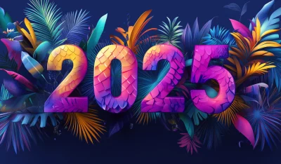 Colorful 3D 2025 Numbers with Dragon Scales and Palm Trees