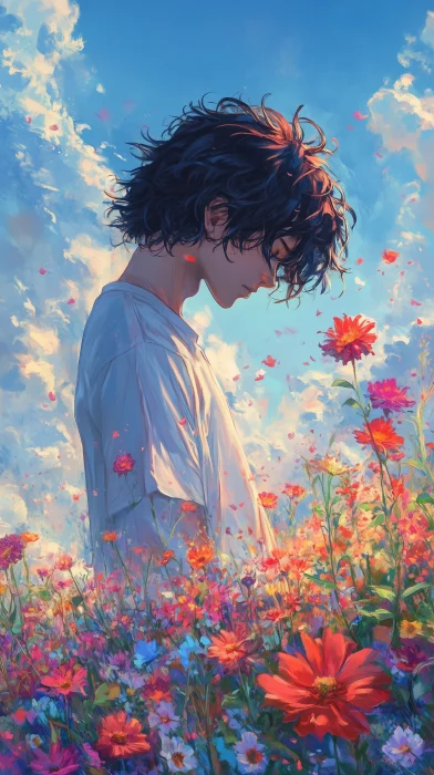 Teenager with Colorful Flower in Anime Style