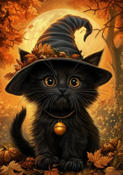 Black Kitten in Witch Hat Illustration