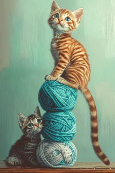 Cute Kitten Balancing on Yarn Balls